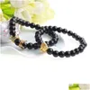 Perlé 2 pièces / ensemble animal roi tête de lion noir onyx agate bracelet pierre naturelle couronne couple braclet ensembles pour hommes main bijoux accès Dhuvq