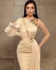 Arabic Mermaid Evening Dresses Wear Custom Made Crystal Beaded Sexy One Shoulder Keyhole Light Champagne Prom Dresses Long Sleeve Robe De Marrige