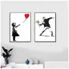 Dipinti Ragazza con palloncino rosso Banksy Graffiti Art Canvas Painting Poster da parete in bianco e nero per soggiorno Home Decor Cuadros D Dhdzd