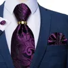 Bow Ties Luxury Purple Silk för män Fashion Wedding Neck Tie Gifts Tillbehör Manschettknappar Handduk Ring Set 230619