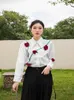 Damesblouses Lenteontwerper Franse driedimensionale rozenbloemen Shirt met lange mouwen Tops Dames Revers Enkele rij knopen Casual los