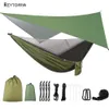 Portaledges Hamac de camping avec bâche anti-pluie et moustiquaire Tente Sangles d'arbre Portable Simple Double Nylon Parachute Hamac pour Voyage 230619
