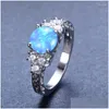 Wedding Rings Luxury Female White Blue Opal Stone Ring Fashion Small Round Finger Vintage Engagement For Women Drop Delivery Jewelry Dh7Mr