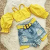 Conjuntos de Roupas 1 5 Anos Moda Crianças Meninas Roupas Verão Ombro Fora Alça Xadrez Crop Tops Cinto Denim Buraco Rasgado Shorts Roupas 230619