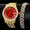 Watches Iced Out Full Rhinestones Paved Bracelet Ladies Wrist Luxury Crystal Cuban Link Chain Watch Set Jewelry 230613