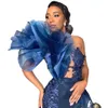 Gorgeous Blue One Shoulder Evening Dresses Ruffles Lace Appliques Sexy High Split Mermaid Prom Dress Sweep Train Formal Occasion Gowns For Women