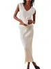 Tvådelt klädkvinnor s stickade set kjol kläder virkning skörd topp och låg midja bodycon maxi set (21-vita l)