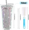 Water Bottles 500ml750ml Bling Diamond Thermos Cup Portable Stainless Steel Straw Glitter Water Mug Thermal Flask for Women Gril 230619