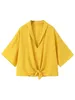 Women's Blouses Shirts DUOPERI Women Fashion With Knot Yellow Solid Loose Vintage V Neck Short Sleeves Female Chic Lady Crop Tops 230620