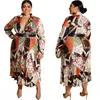 Robes de taille plus automne femme plus taille robe bohème robes avec ceinture à manches longues en V