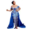 Aso Ebi Meerjungfrau-Abendkleider, blau, schulterfrei, Überrock, Abendkleid, Übergröße, formelle Damenkleider, vorne geteilt, Robe de Soiree de Mariage