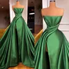 Elegant Green Evening Gown Strapless Slit A Line Party Prom Dresses Pleats Sweep Train Formal Long Dress for special occasion