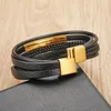 Charm-Armbänder für Herren, Edelstahl, mehrschichtiger Einsatz, geflochtenes Lederarmband mit leuchtenden Gold-, Silber- und Schwarzfarben, Schmuckzubehör