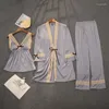 Damen-Nachtwäsche, Frühling, schwarze Frau, Pyjama-Set, 3-teilig, Schlafanzug, Satin, Kimono-Träger, Oberteil, Hosen, Pyjama mit Brustpolstern, Nachthemd