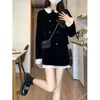 Work Dresses 2023 Spring Autumn Women's Korean 2 Piece Sets Female Long Sleeve Buttons Coats Black Velvet Skirts Ladies Suits R195