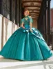 Hunter Green Princess Charro Quinceanera klänningar Gillter Crystal Applique Lace-up Corset Long Tail Vestidos de 15 Quinceanera