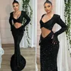 Sexy Black Mermaid Prom Dresses V Neck Long Sleeves Sequins Evening Gowns Pleats Semi Formal Red Carpet Long Special Occasion dress