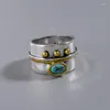 Cluster Rings Vintage Wide Face Two-Color Ring Inlaid With Turquoise 952 Silver Women's Jewelry