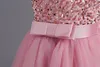 Girl's Dresses Pink Bridesmaid Flower Girl Dress for Wedding Party Elegant Girl Sequin V-back Bow Long Gown 5-14T Children Formal Gala Clothes 230619