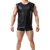 Camisetas sin mangas para hombre, chaleco de Color negro, chaleco Sexy para hombre, camisetas sin mangas sólidas de piel sintética para hombre, ropa interior ajustada, chaleco sin mangas para hombre 230620