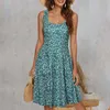Casual Dresses Summer Women's Dress Sleeveless Square Collar Beach Floral Printed Vintage Slim Long Style Swing Of The Shoulder
