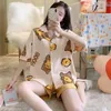 Women's Sleepwear Kawaii Cow Nightgown Japan Bullhead Kimono Homewear Sweet Girl V Neck Pink Blue Polyester Soft Pajamas Set