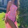 Casual Dresses Sexy Backless Pink Tie-dye Beach Open Back Hollow Lace Split Pile Collar Mini Skirt Women Summer Vacation Outfits Club Dress