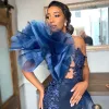 Gorgeous Blue One Shoulder Evening Dresses Ruffles Lace Appliques Sexy High Split Mermaid Prom Dress Sweep Train Formal Occasion Gowns For Women