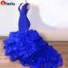 Organza Babados Saia Decote em V Vestidos Azul Royal Sereia Prom Aso Ebi Africano Vestidos de Noite Vestidos de Festa Robe De BES121