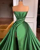 Elegant Green Evening Gown Strapless Slit A Line Party Prom Dresses Pleats Sweep Train Formal Long Dress for special occasion