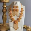 Necklace Earrings Set 2023 24K Gold Plated Dubai Jewelry Tassel Ring Flower Style Women's Bridal Wedding