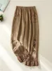 女性用コットンリネンパンツ女性弾性ウエストフローラル刺繍伝統的なフォークレースパッチワーク足首の長さカジュアル