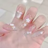 False Nails 24Pcs Ballerina Almond Nail Tips Long Round Bright Red Rhinestone Design Fake Wearable Glitter Press On