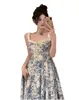 Robe d'été pour femmes de style chinois à imprimé floral bleu à bretelles spaghetti taille haute maxi longue robe de vacances à la plage XSSML