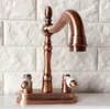 Rubinetti da cucina Rame rosso antico Doppia maniglia Doppio foro Montaggio su ponte Rubinetto per lavabo Bocca girevole Miscelatore per lavabo da bagno Rubinetto 2rg049