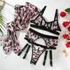 Lingerie léopard avec bas soutien-gorge découpé ensembles de slip sensuel 4 pièces voir à travers la dentelle sous-vêtements fantaisie jarretière intime