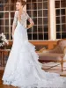 Manches sirène longue mariage Bling romantique Appliques dentelle robes De mariée bouton dos robe De Noiva printemps automne