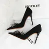 Womens Bow Tie High Heel Dress Shoes OL Thin Heel Party Shoes Luxury Suede Leather Pumps Black