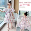 Girl Dresses Summer Dress For Baby Girls Square Collar Short Puff Sleeves Floral Print Princess 4-12 Years Children Clothing F180