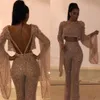 Sparkly paljetter Tvådelade aftonklänningar Jumpsuit designer rygglösa långa ärmar golvlängd prom klänning formellt slitage plus siz