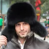 Men's Real Fox Fur Hat Real leather Hat Russian Ushanka Winter Warm Aviator Trapper Hat Bomber Ski Earmuffs Cap