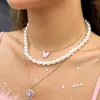 Pendant Necklaces Boho Pink Butterfly Crystal Peach Heart Necklace 2023 Multi Layered Sweet Imitation Pearl Girl Wedding Fashion Jewelry