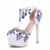 Women Wedding Sandals Party Banquet PU Rhinestones Buckle Strap 14CM Thin High Heels Round Toe Sandal Shoes Size 35-42 983