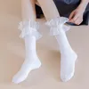 Femmes chaussettes japonais mignon mode fille Sexy plissé dentelle bas genou haut Style coréen blanc Kawaii JK Lolita