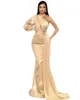 Arabic Mermaid Evening Dresses Wear Custom Made Crystal Beaded Sexy One Shoulder Keyhole Light Champagne Prom Dresses Long Sleeve Robe De Marrige