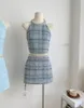 Werkjurken Tweedelige set Damesoutfits 2023 Tweedpakken Koreaans Modieus Blauw Plaid Hangende nek Jarretel Tanktop Hoge taille Mini