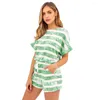 Conjunto de agasalhos femininos 2 pçs/conjunto agasalho feminino de verão cor contrastante estampa listrada tie-dye cintura com cordão mangas curtas conjunto de shorts