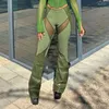 Women's Pants Gothic Green Patchwork Women Cargo Y2k Streetwear Faux Leather See-through Mesh Splicing Mid Waist Flared Trousers Ladies