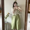 レディースTシャツOUMEA WOMEN SUMMER MATCHING SET CROCHET BOTTONSフロントブラウスミディスカートフレンチスタイルシックオープンワークトップパフスリーブ230620