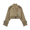 Women's Short Jacket Khaki Cropped Trench Coat Lapel Collar Top Long Sleeve Jackets With Belt Female Coat Spring Streetwear